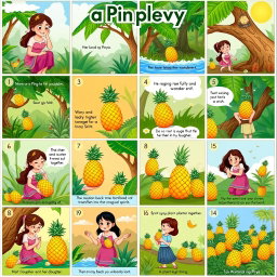 A 4x4 grid representing the story of 'Alamat ng Pinya' (Legend of the Pineapple) in 16 panels