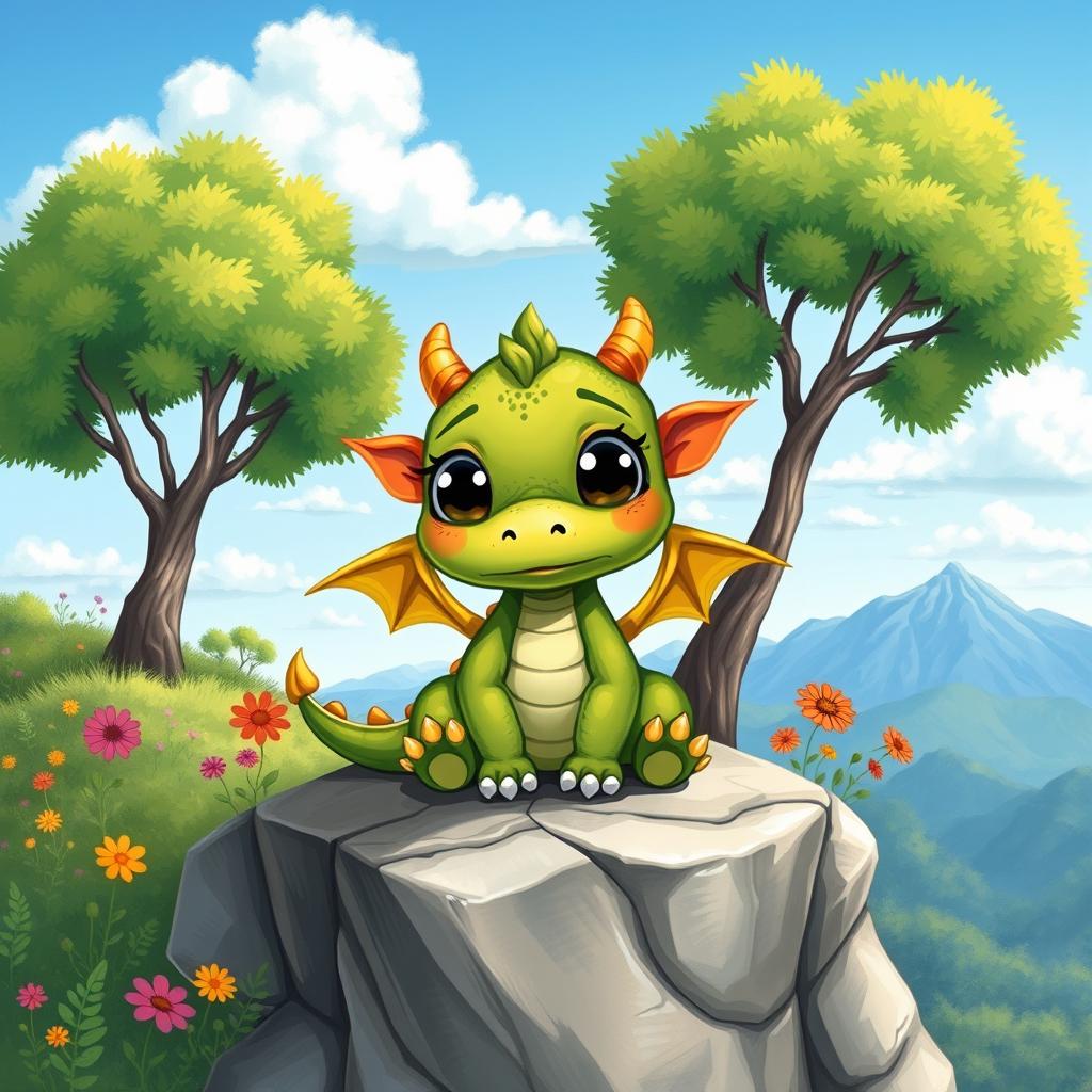 A whimsical illustration of a small, adorable dragon with big, expressive eyes, sitting on a rocky cliff with a sad expression