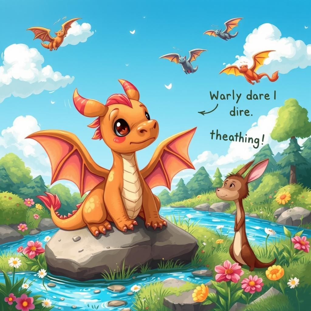 A whimsical illustration depicting a small, adorable dragon with oversized, colorful wings sitting on a rock, looking wistfully at the sky where other dragons are soaring