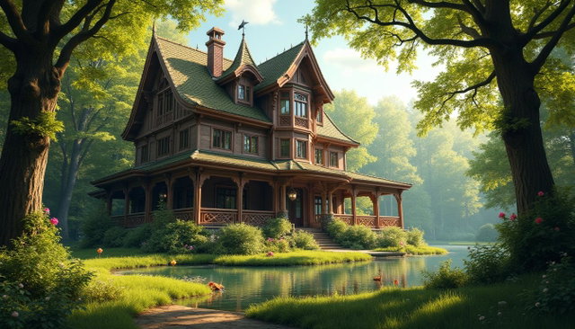 A magnificent woodland mansion nestled in a lush, green forest