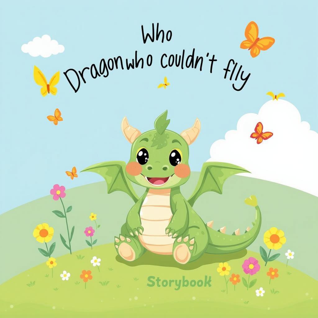 A whimsical and colorful illustration for a children's story, featuring a cheerful green dragon with big, sparkly eyes and tiny horns, sitting in a sunny meadow full of vibrant flowers