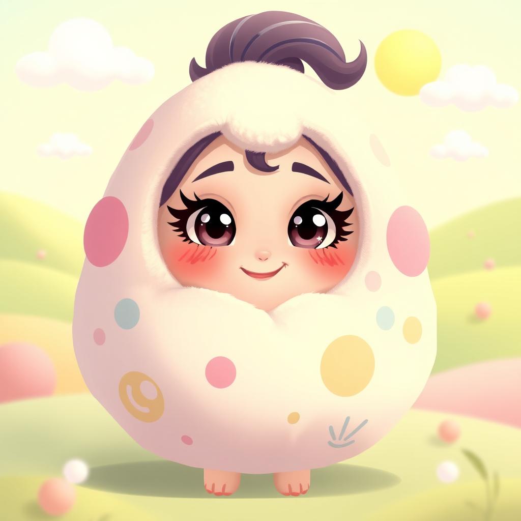 A whimsical character design featuring a female face with distinct, expressive features seamlessly integrated into a fluffy, rounded pou body