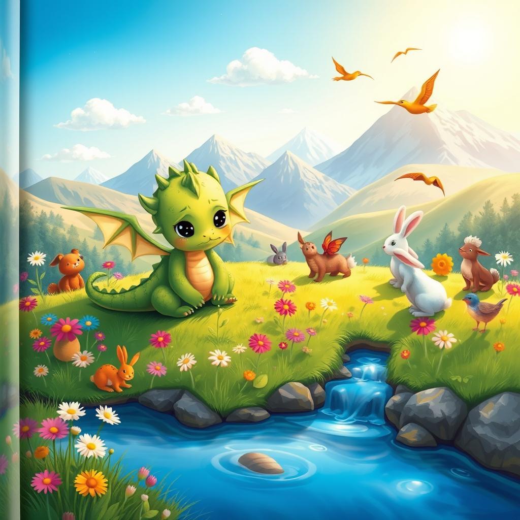 A beautifully illustrated storybook page depicting a little dragon who looks sad and small, sitting on a grassy hill surrounded by colorful flowers