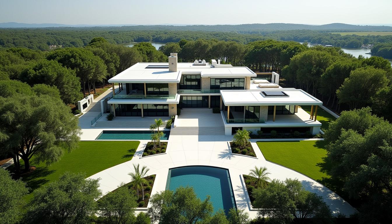 A modern mansion situated on a large property, shown from an aerial perspective resembling a map view