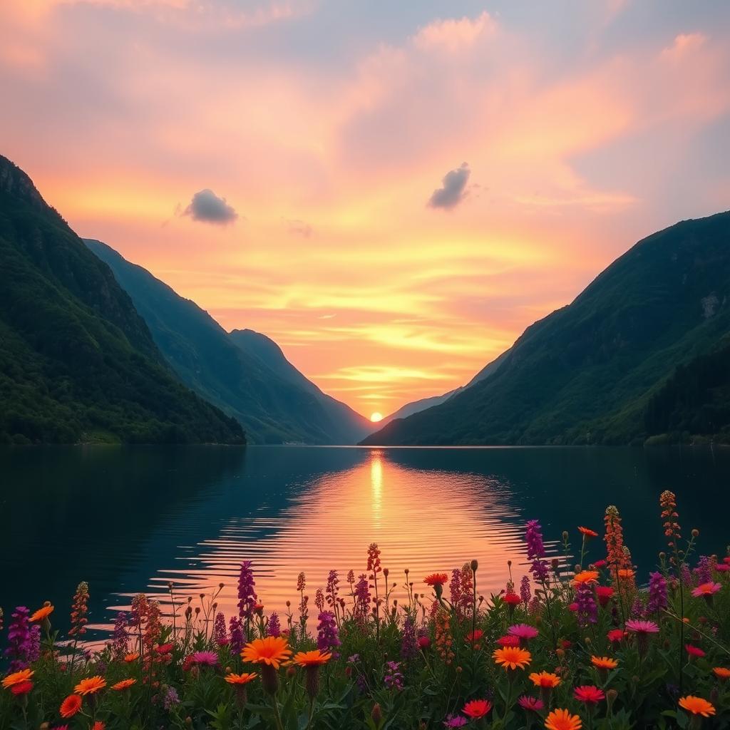 A serene landscape scene depicting a tranquil lake at sunset, surrounded by lush green mountains and vibrant wildflowers in the foreground