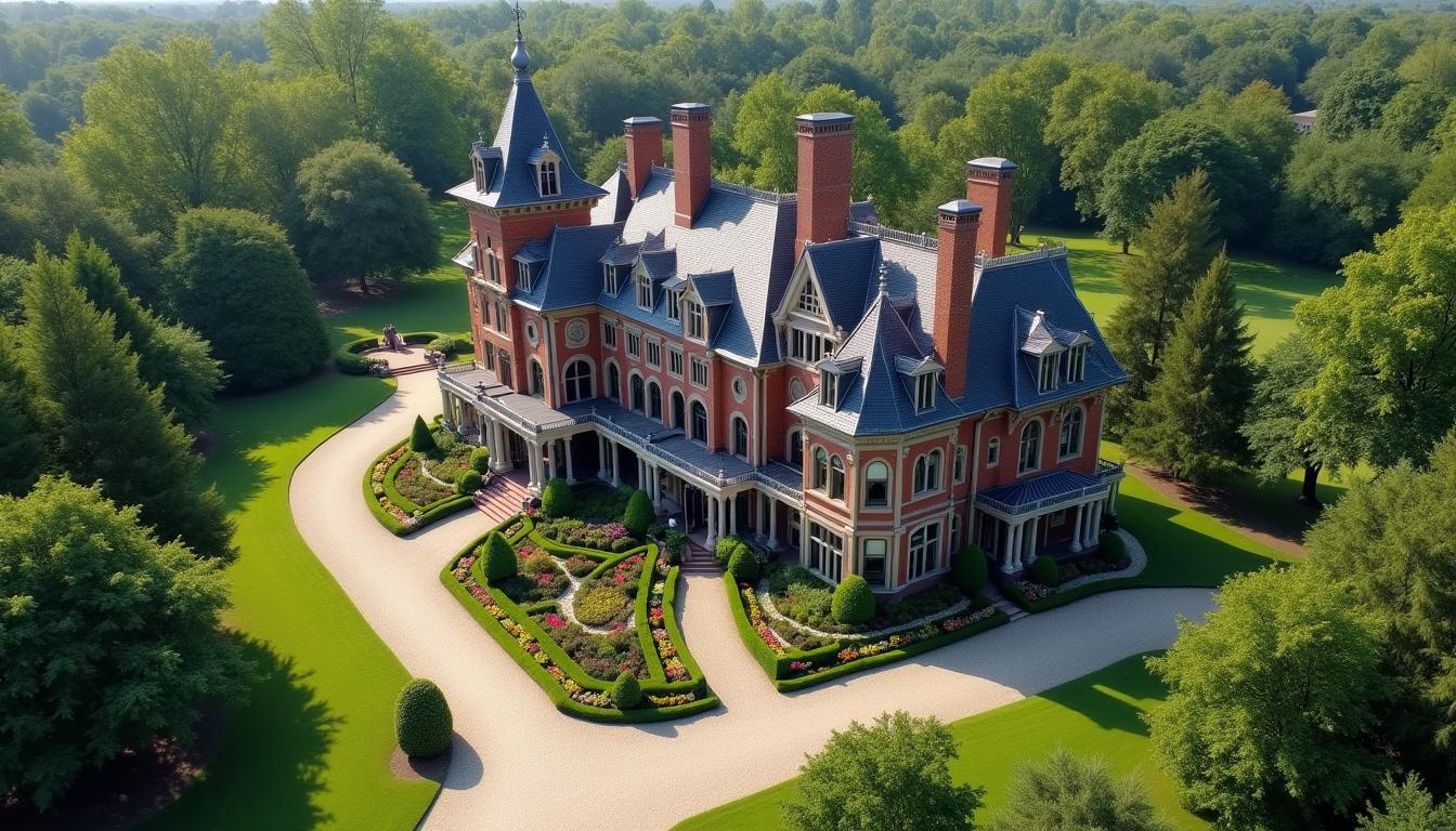 A Victorian mansion depicted from an aerial perspective, resembling a map view