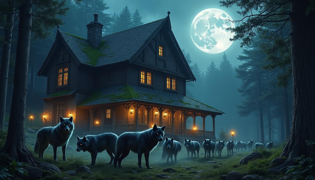 A large, rustic werewolf pack house nestled deep in a lush forest during a full moon night