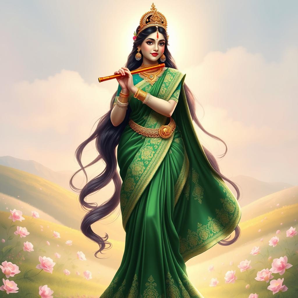 A full-body depiction of Goddess Radha, elegantly standing and whistling a flute
