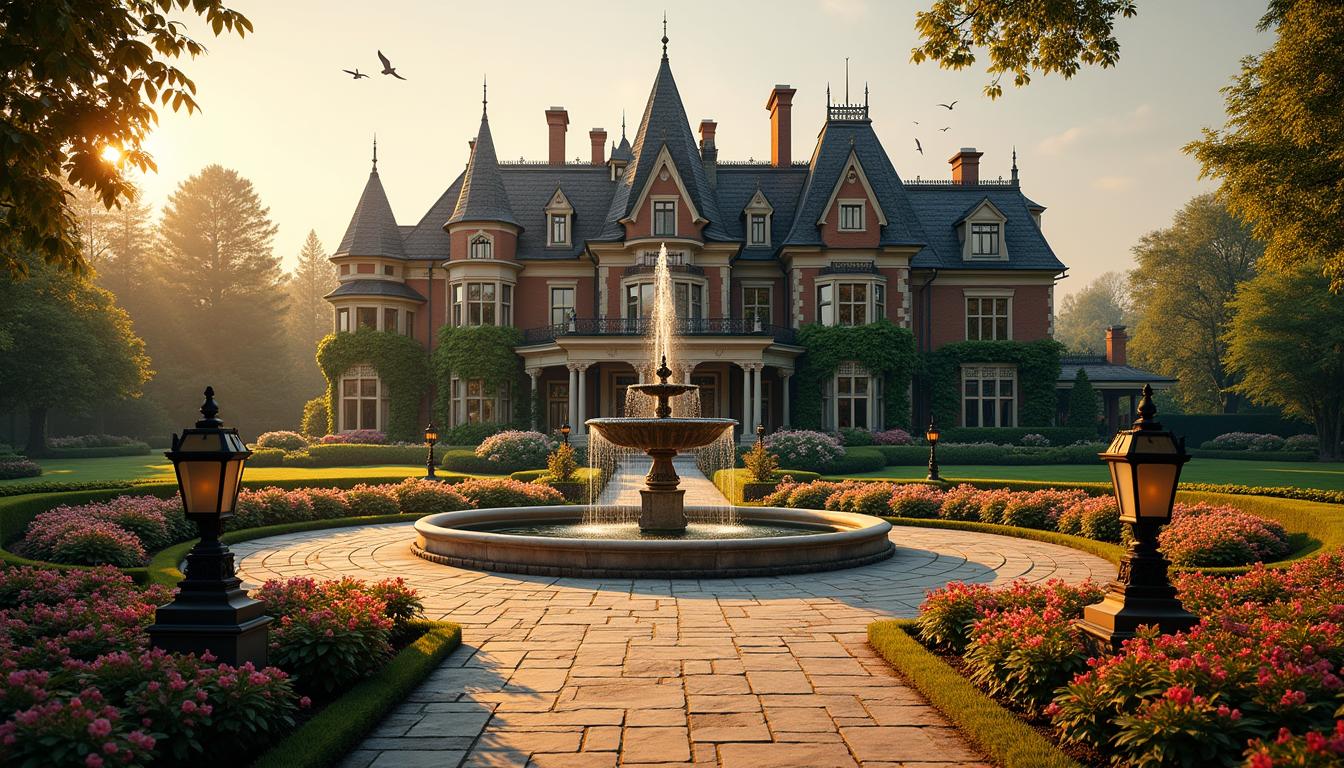 A grand Victorian manor set on a sprawling estate, surrounded by beautifully manicured gardens filled with vibrant flowers