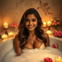 A sensual and artistic depiction of a confident Indian woman with an alluring presence, showcasing her big features while enjoying a luxurious bubble bath surrounded by candles and soft ambient lighting