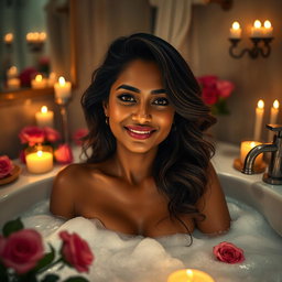 A sensual and artistic depiction of a confident Indian woman with an alluring presence, showcasing her big features while enjoying a luxurious bubble bath surrounded by candles and soft ambient lighting