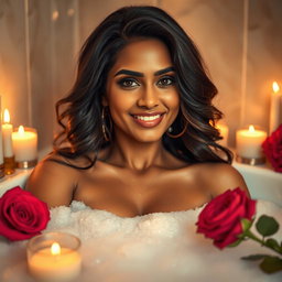 A sensual and artistic depiction of a confident Indian woman with an alluring presence, showcasing her big features while enjoying a luxurious bubble bath surrounded by candles and soft ambient lighting