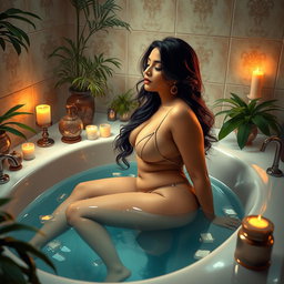 A sensual and artistic depiction of an attractive Indian woman with a curvaceous figure taking a relaxing bath