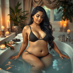 A sensual and artistic depiction of an attractive Indian woman with a curvaceous figure taking a relaxing bath
