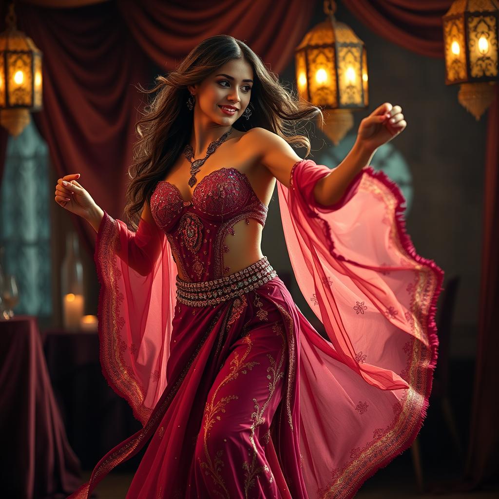 An elegant and mesmerizing scene depicting a beautiful woman performing traditional Arabic dance