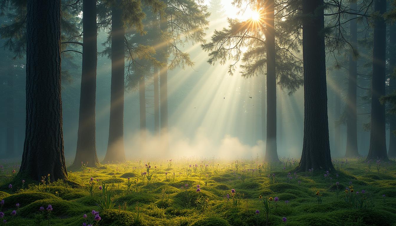 A serene forest scene in the early morning light, showcasing tall, majestic pine trees with a soft fog rolling in from the ground
