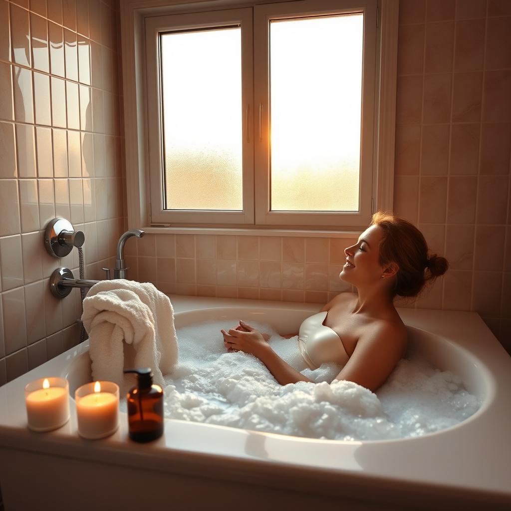 A serene and intimate scene of a mother and her 18-year-old son enjoying a peaceful moment in a beautifully tiled bathroom