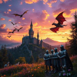 A mystical medieval fantasy scene featuring a beautifully crafted castle perched on a hill, surrounded by lush forests and vibrant wildflowers