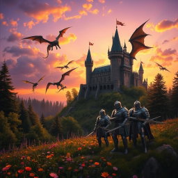 A mystical medieval fantasy scene featuring a beautifully crafted castle perched on a hill, surrounded by lush forests and vibrant wildflowers