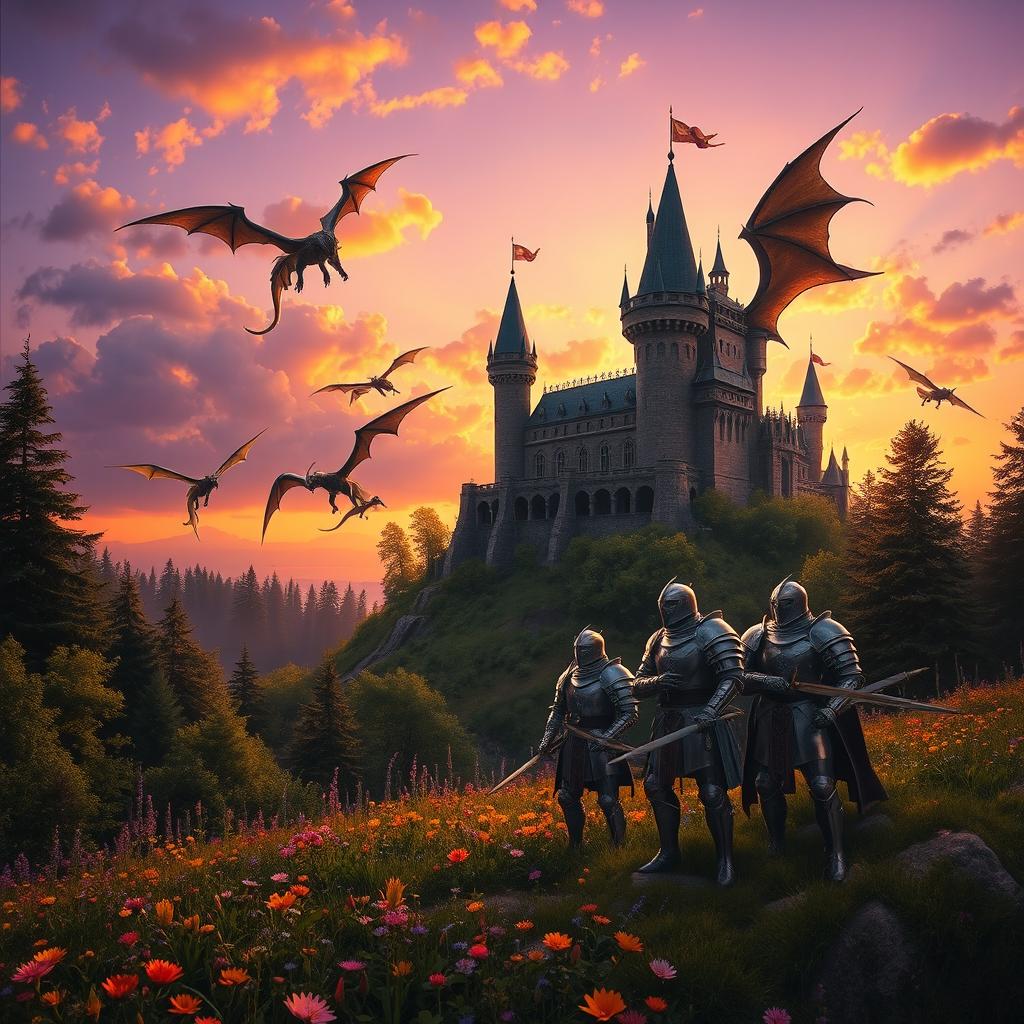 A mystical medieval fantasy scene featuring a beautifully crafted castle perched on a hill, surrounded by lush forests and vibrant wildflowers