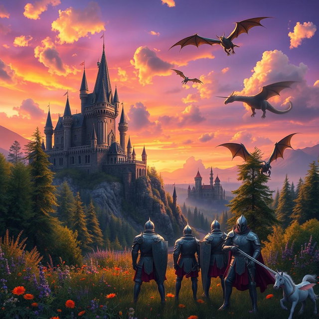 A mystical medieval fantasy scene featuring a beautifully crafted castle perched on a hill, surrounded by lush forests and vibrant wildflowers