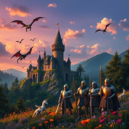 A mystical medieval fantasy scene featuring a beautifully crafted castle perched on a hill, surrounded by lush forests and vibrant wildflowers