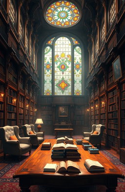 A beautiful digital painting of an intricate library filled with towering wooden bookshelves, elegantly arranged books of various colors and sizes scattered artfully across a polished wooden table