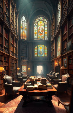 A beautiful digital painting of an intricate library filled with towering wooden bookshelves, elegantly arranged books of various colors and sizes scattered artfully across a polished wooden table