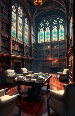 A beautiful digital painting of an intricate library filled with towering wooden bookshelves, elegantly arranged books of various colors and sizes scattered artfully across a polished wooden table