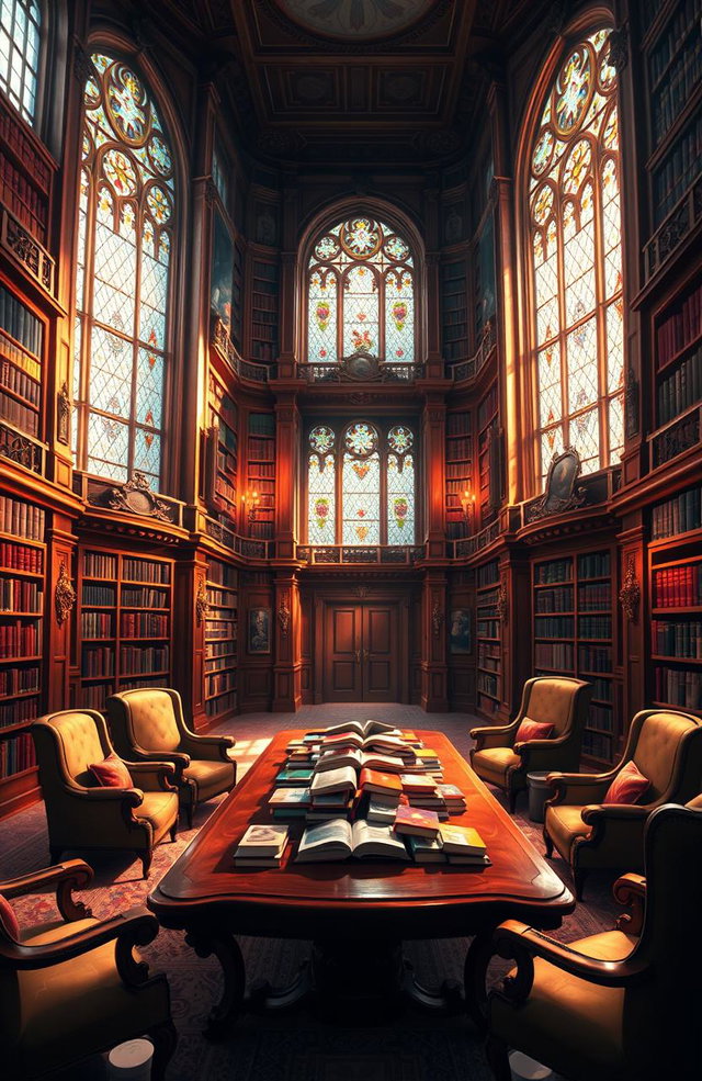 A beautiful digital painting of an intricate library filled with towering wooden bookshelves, elegantly arranged books of various colors and sizes scattered artfully across a polished wooden table