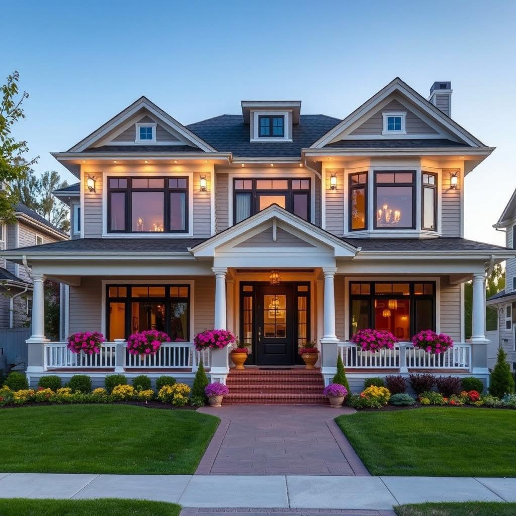 A stunning three-story house, beautifully designed with large windows and a stylish entrance