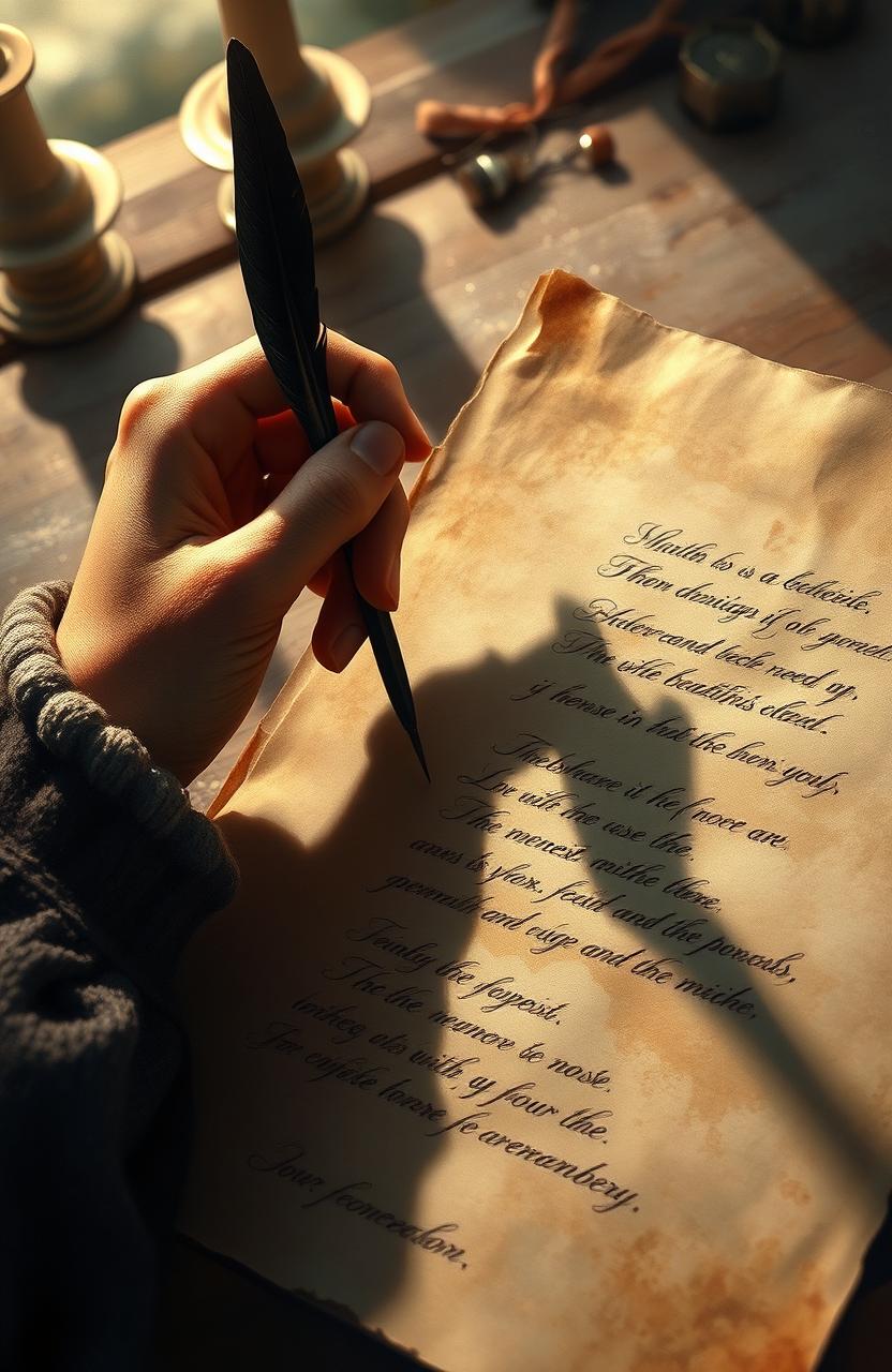 A digital painting featuring an intricate shadow art scene of a hand delicately writing poems on a piece of ancient parchment paper