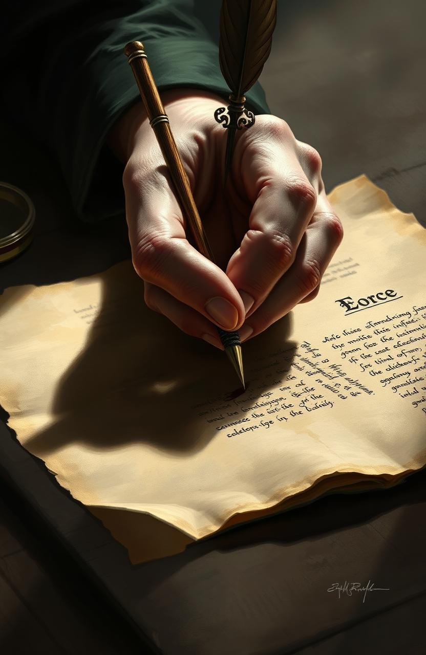A detailed digital painting of a hand elegantly writing on an ancient piece of parchment paper using an old-fashioned quill pen and dark, rich ink