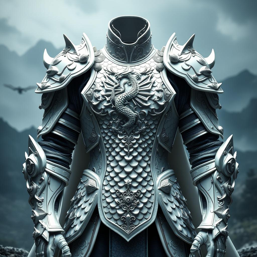A stunning suit of white dragon scale plate armor intricately designed with shimmering scales, reflecting light like precious gems