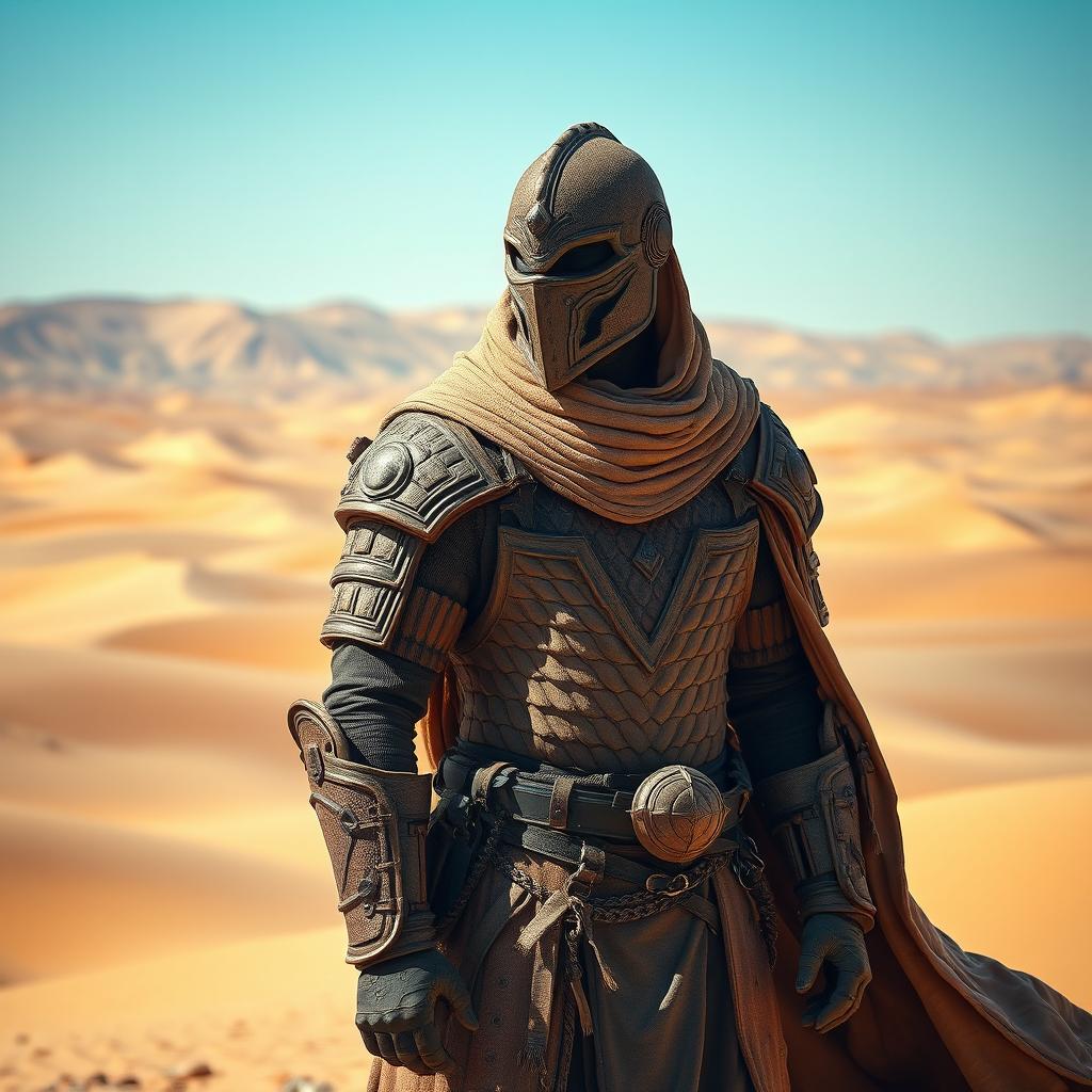 Armor crafted from the tough hide of a massive sand worm, featuring intricate patterns and textures that showcase the natural scales and ridges of the creature