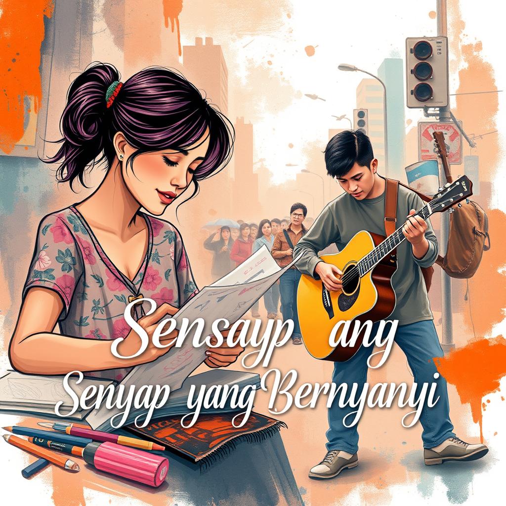 A captivating novel cover design for a book titled 'Senyap yang Bernyanyi' featuring a female graphic designer and a male street musician
