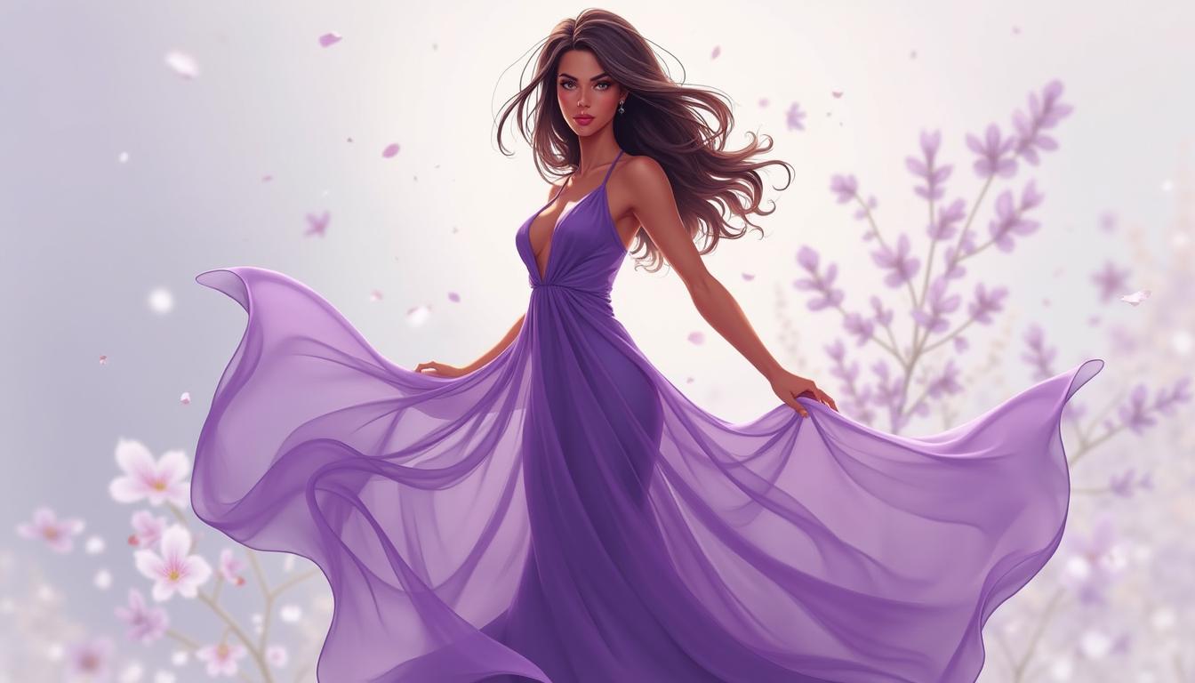 A stunning 2D illustration of a 37-year-old woman with a long, graceful silhouette, featuring cool honey undertones in her skin