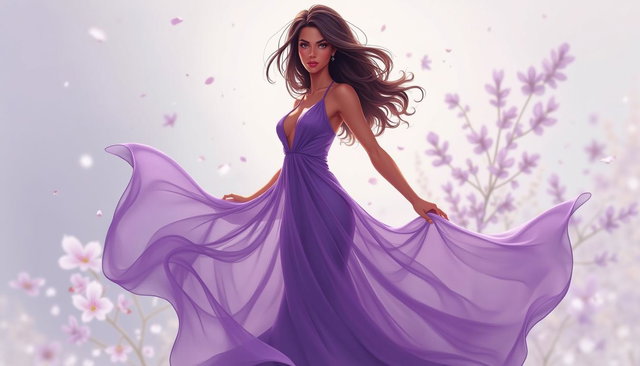 A stunning 2D illustration of a 37-year-old woman with a long, graceful silhouette, featuring cool honey undertones in her skin