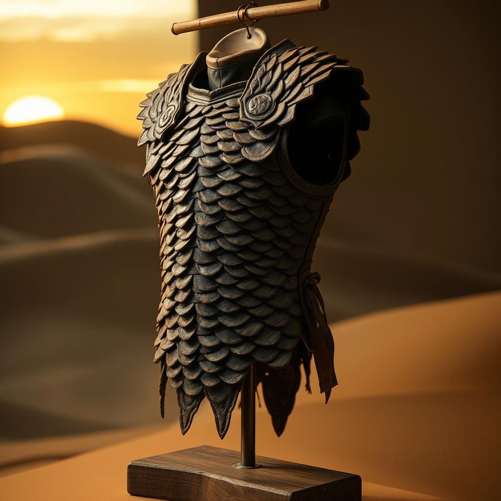 A detailed depiction of a sand worm skin hide armor, showcasing its rugged texture and dark, earthy tones