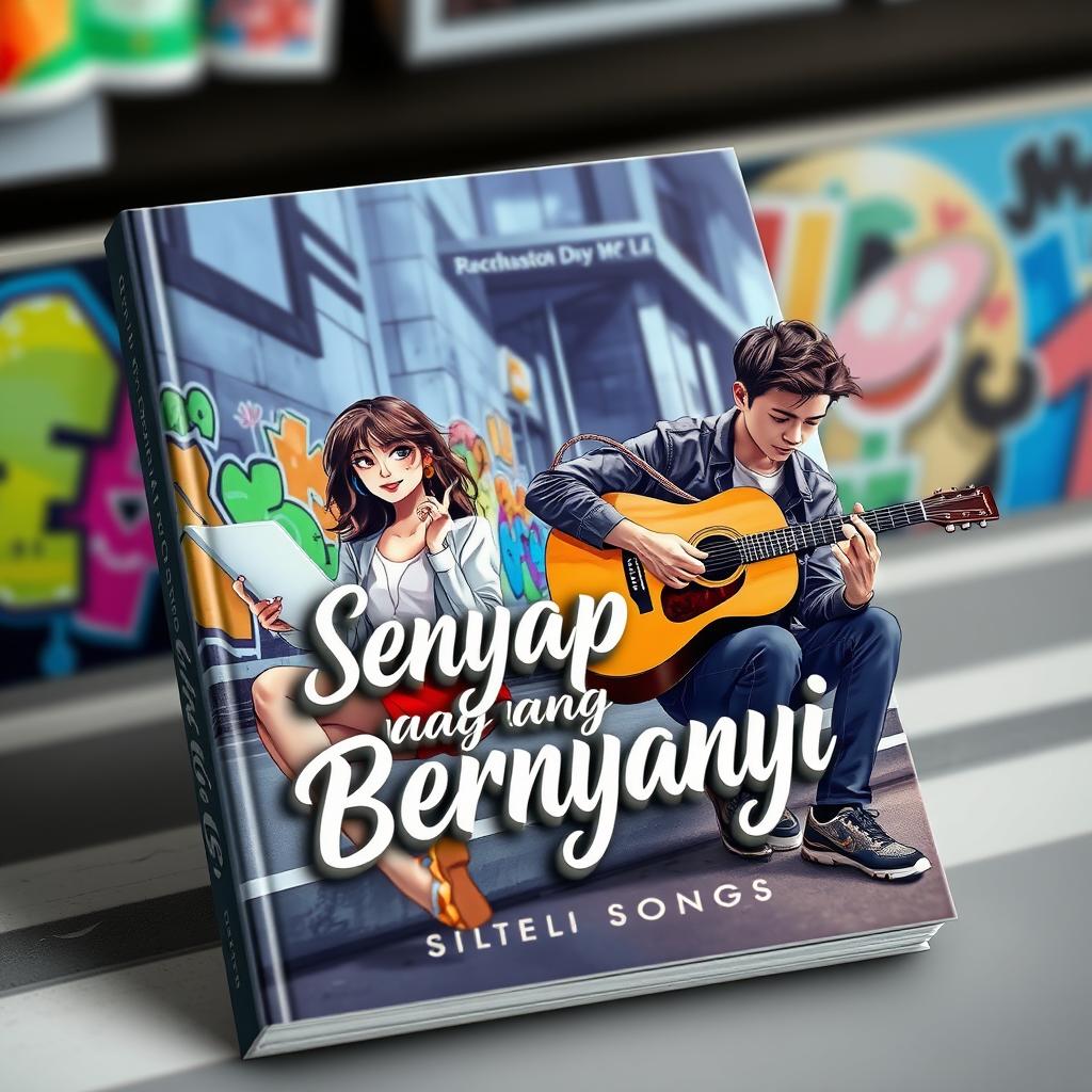 A visually striking 3D novel cover featuring a female graphic designer and a male street musician