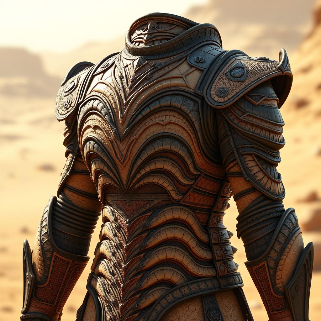 A detailed and visually striking depiction of sand worm skin plate armor, featuring intricate textures and patterns that showcase the unique qualities of the sand worm's hide