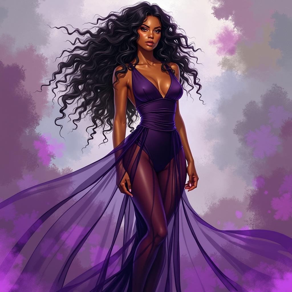 A striking 2D illustration of a 37-year-old woman with a long, elegant glass-shaped silhouette, showcasing her cool honey undertoned skin