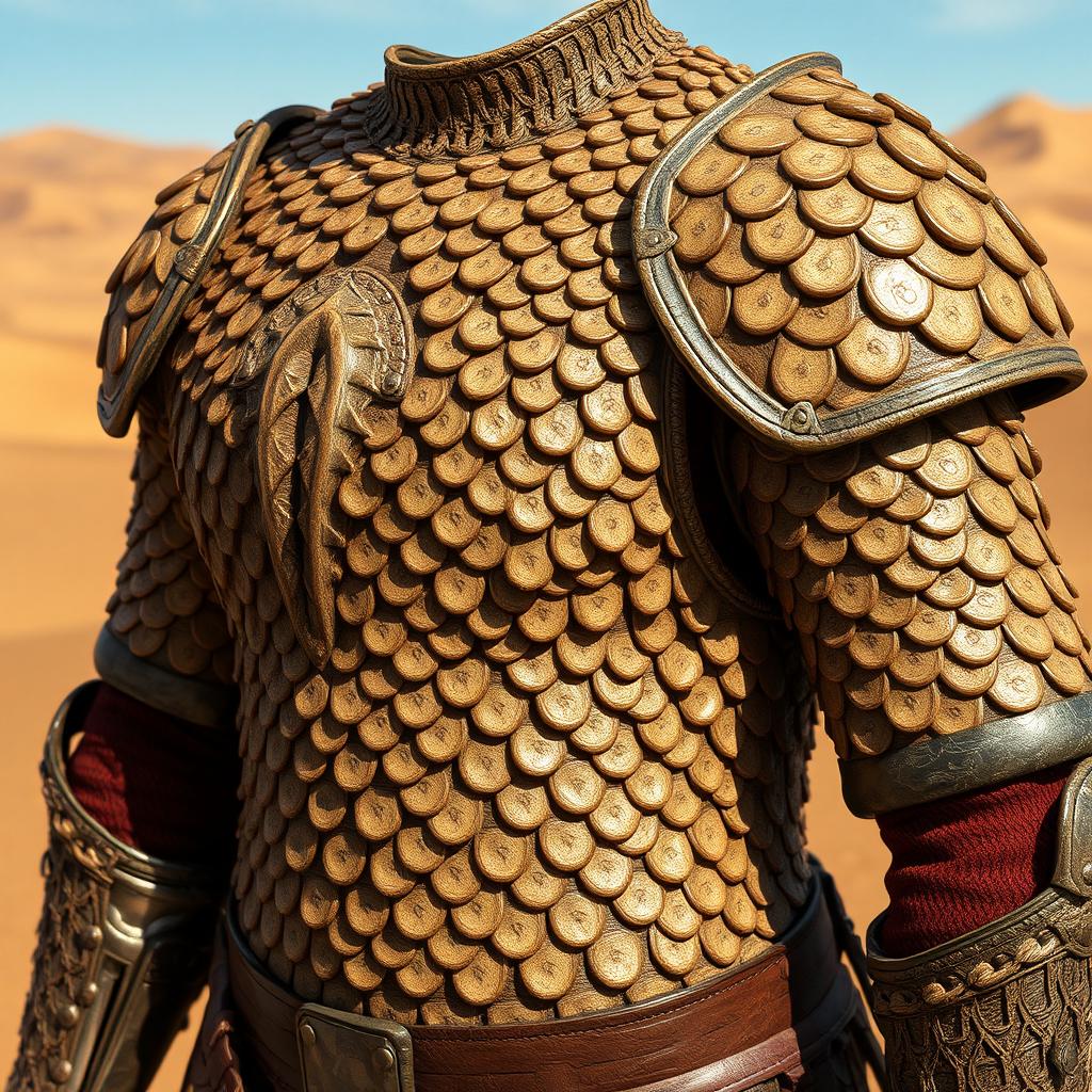 A close-up view of intricate sand worm scale mail armor, showcasing detailed patterns and textures resembling the scales of a gigantic sand worm