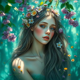 A reinterpretation of the historical art 'Ophelia Drowning' featuring a more beautiful girl with ethereal qualities