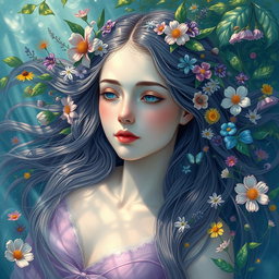 A reinterpretation of the historical art 'Ophelia Drowning' featuring a more beautiful girl with ethereal qualities
