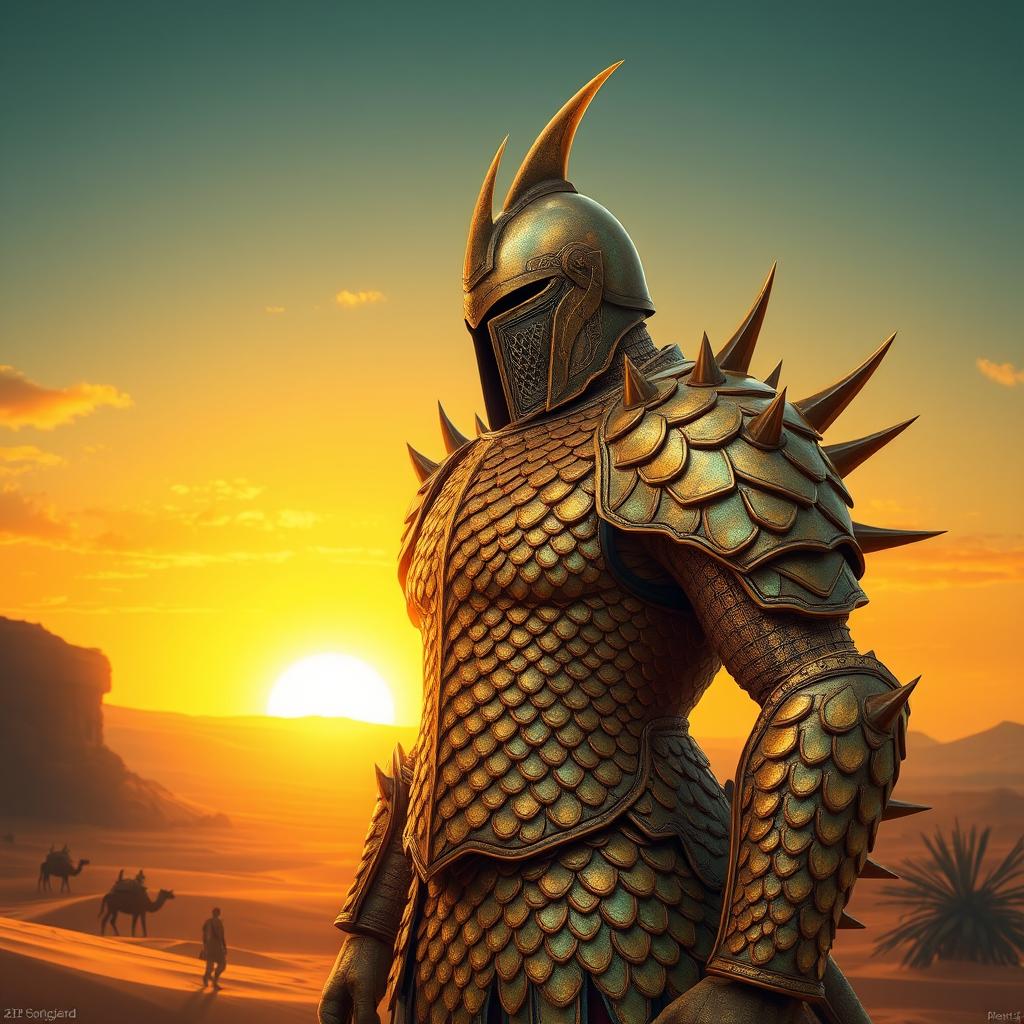 A detailed depiction of a set of sand worm scale plate armor, showcasing intricate patterns and textures unique to the scales of a giant sand worm