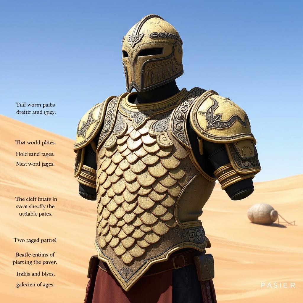 A detailed illustration of a sand worm scale plate armor, showcasing intricate designs and textures inspired by the natural, rugged appearance of sand worm scales