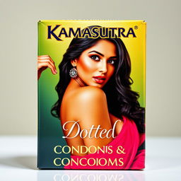 A sexy Indian actress featured prominently on the packaging of Kamasutra condoms, showcasing her big boobs as she poses seductively