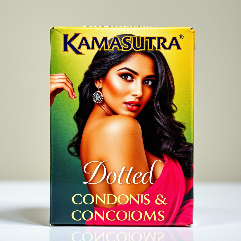 A sexy Indian actress featured prominently on the packaging of Kamasutra condoms, showcasing her big boobs as she poses seductively