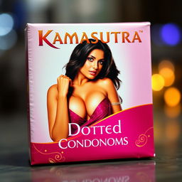 A sexy Indian actress featured prominently on the packaging of Kamasutra condoms, showcasing her big boobs as she poses seductively